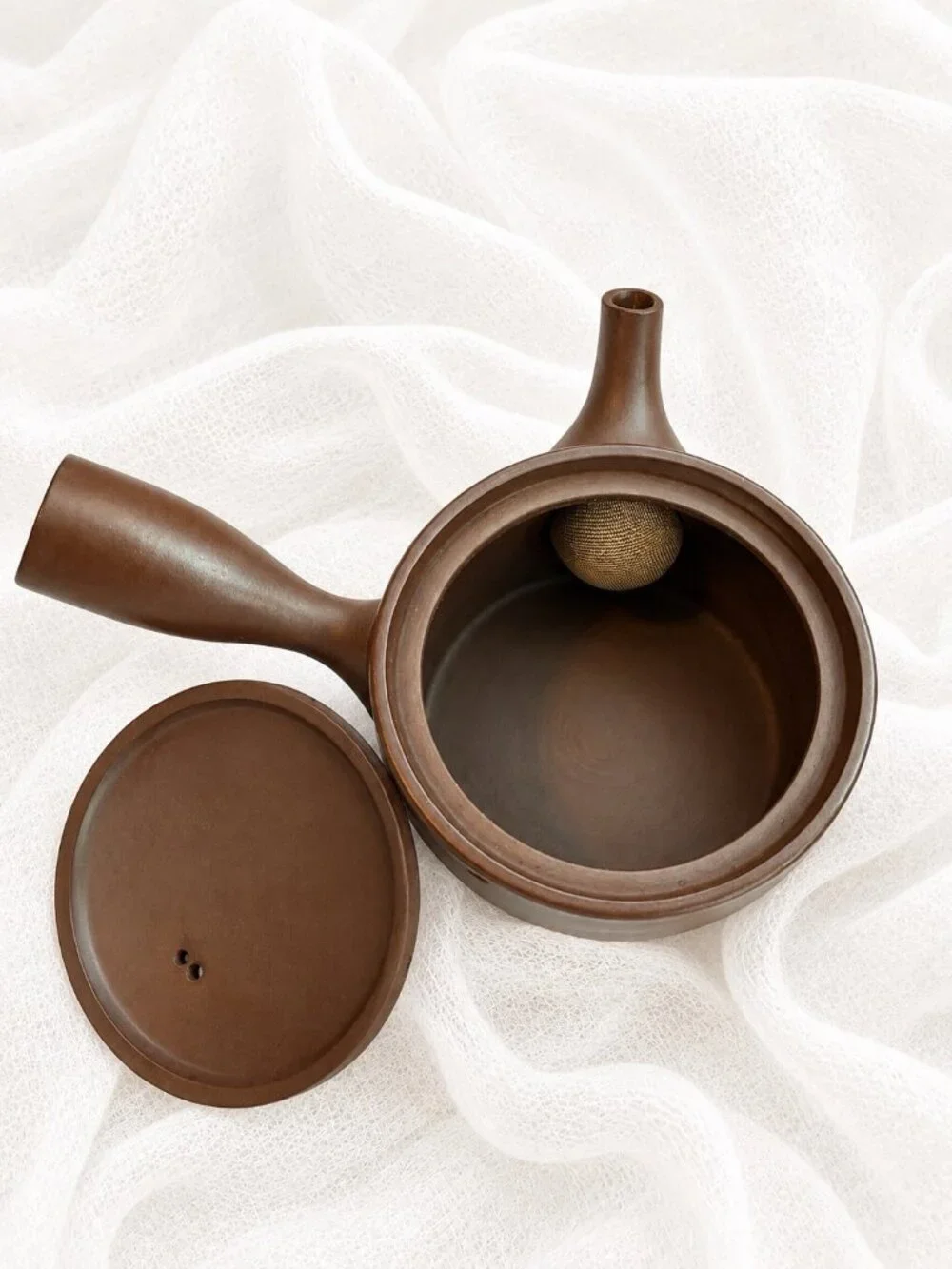 Japanese Brown Stoneware Kyusu Side Handle Teapot Mesh Strainer 6” Wide